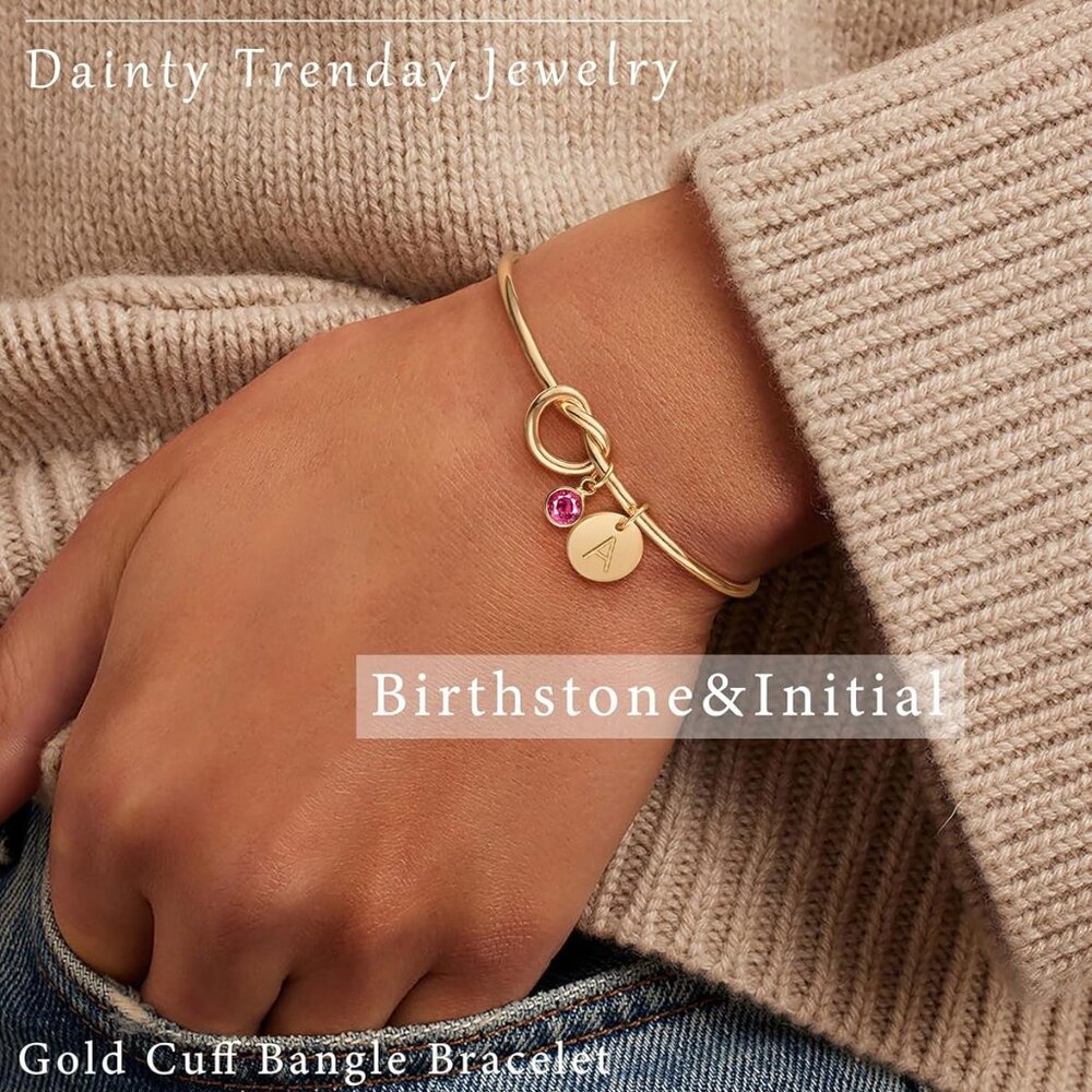 Personalized Initial Birthstone Cuff Bangle Brace… - image 2